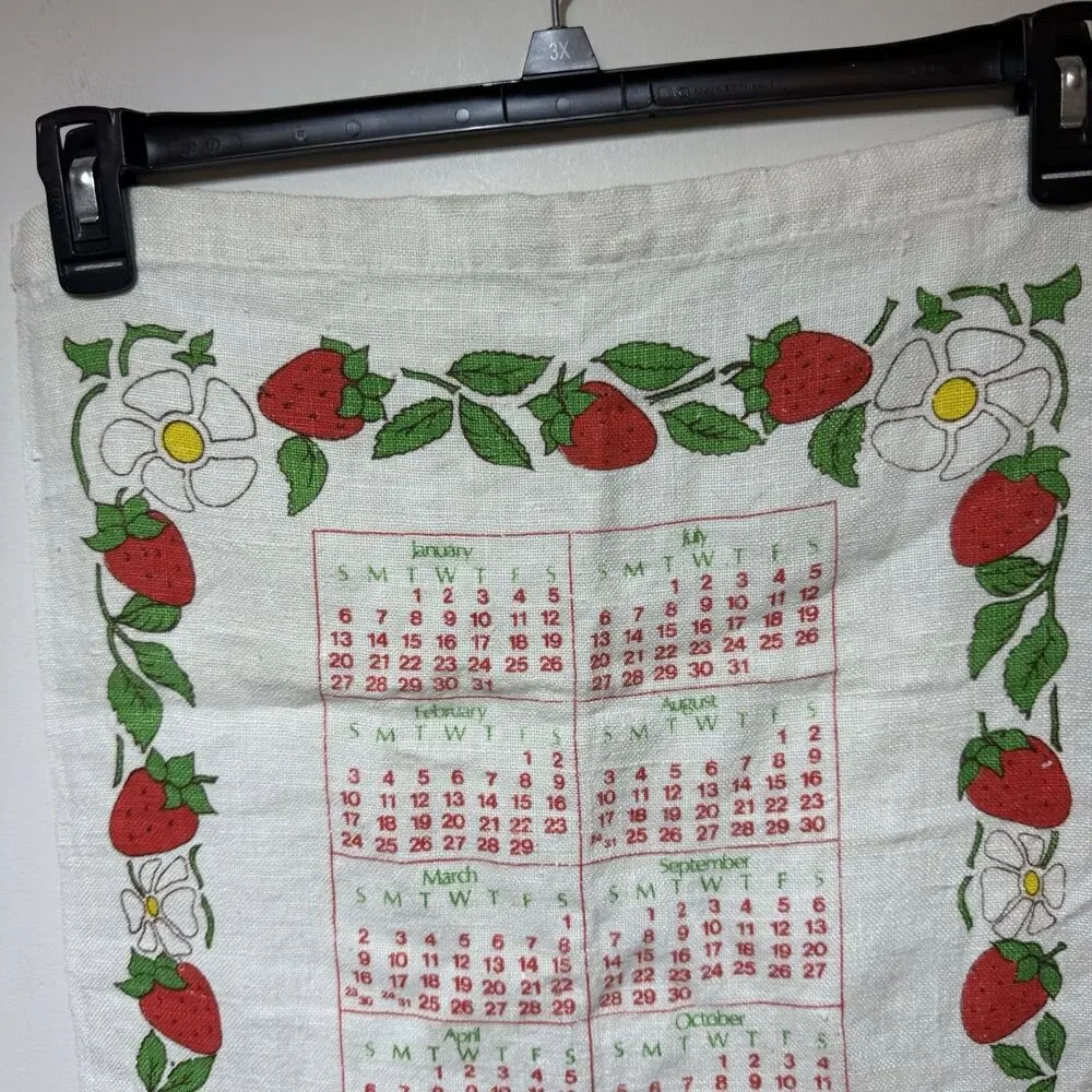 Vintage 1980 Cloth Wall Calendar Strawberry Mushroom Kitchen Cottagecore Granny